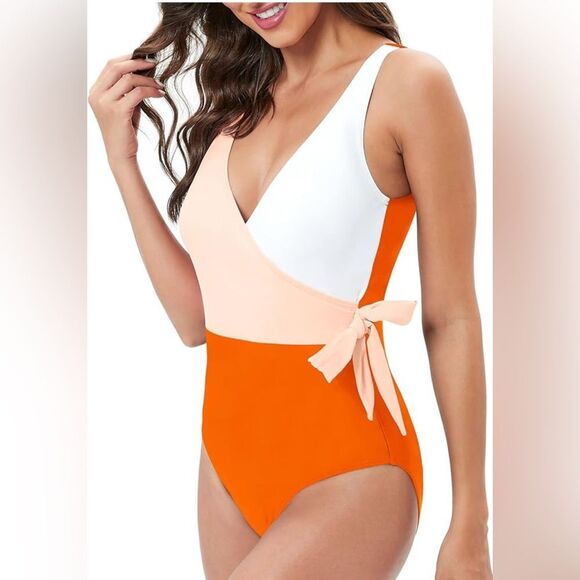 NWT Cupshe Orange and White One-Piece Swimsuit with Bow - Picture 1 of 8